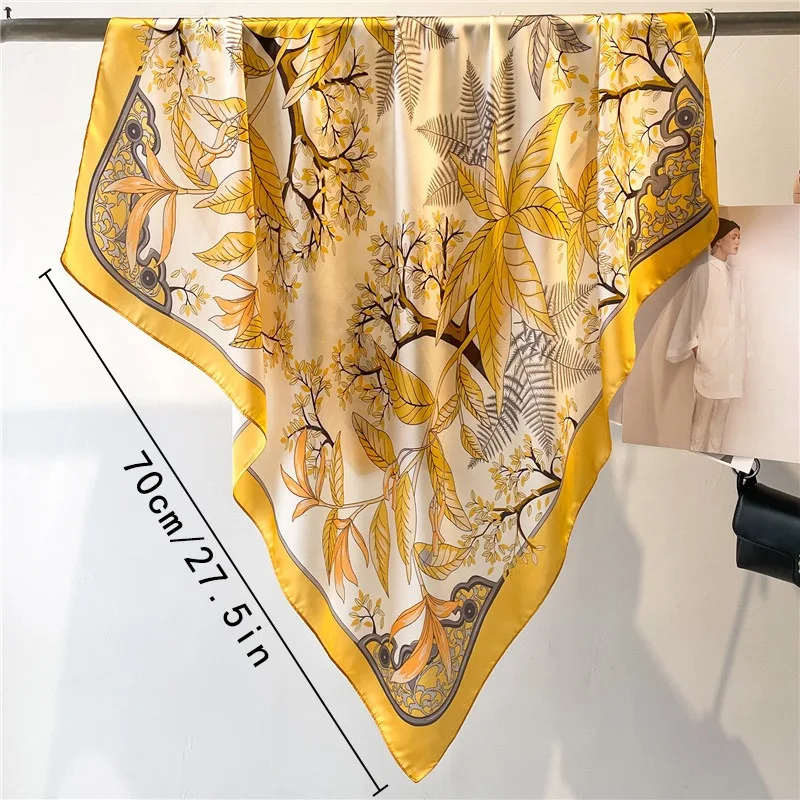 1pcs 70cm Fallen Leaf Autumn Yellow Silk Scarf for Women Simulated Silk Elegant Fresh and Versatile Headwear and Clothing