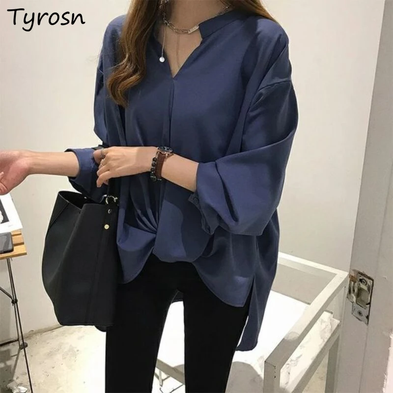 

Blouses Women Spring Simple Chiffon Solid New Long Sleeve Elegant V-neck OL All-match 4XL BF Basic Chic Mujer Blusas Clothing