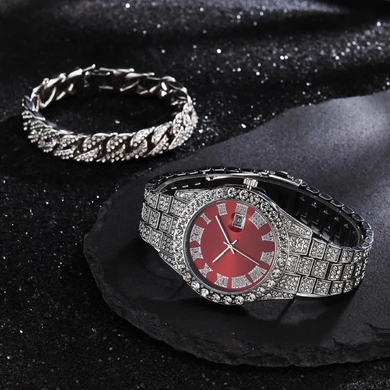 Men's Diamond Accent Quartz Watch - Roman Calendar Hip Hop Style Fashion Timepiece