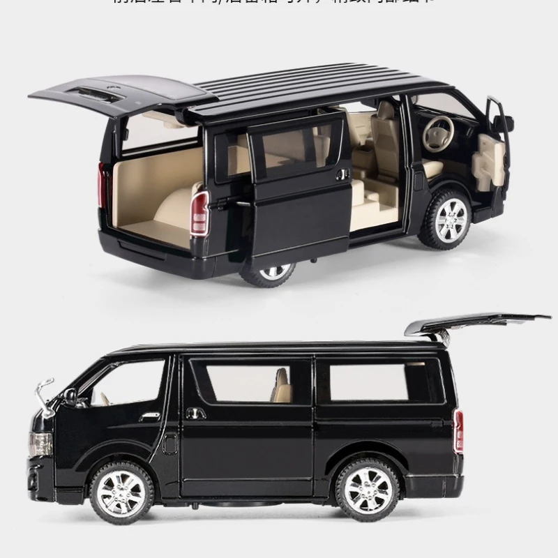 1:32 HIACE Modelos de carros de brinquedo liga fundida portas MPV abertas puxar para trás som e luz veículos de viagem de negócios presentes para meninos