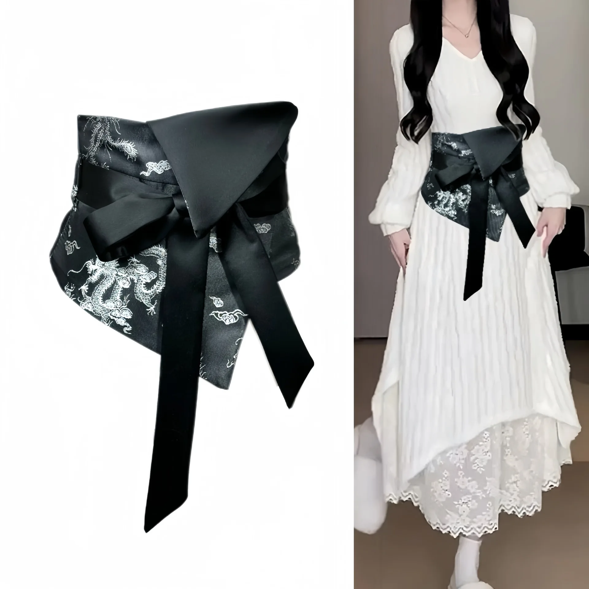 中国のヴィンテージプリントサテンワイドベルトファッションレディースレースアップ漢服チャイナドレス装飾ウエストカバーアクセサリー付き