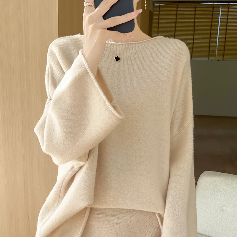 Autumn and winter new women\'s sweater 100% pure wool solid color O-neck cashmere fashion thickened loose plus size knit pullover