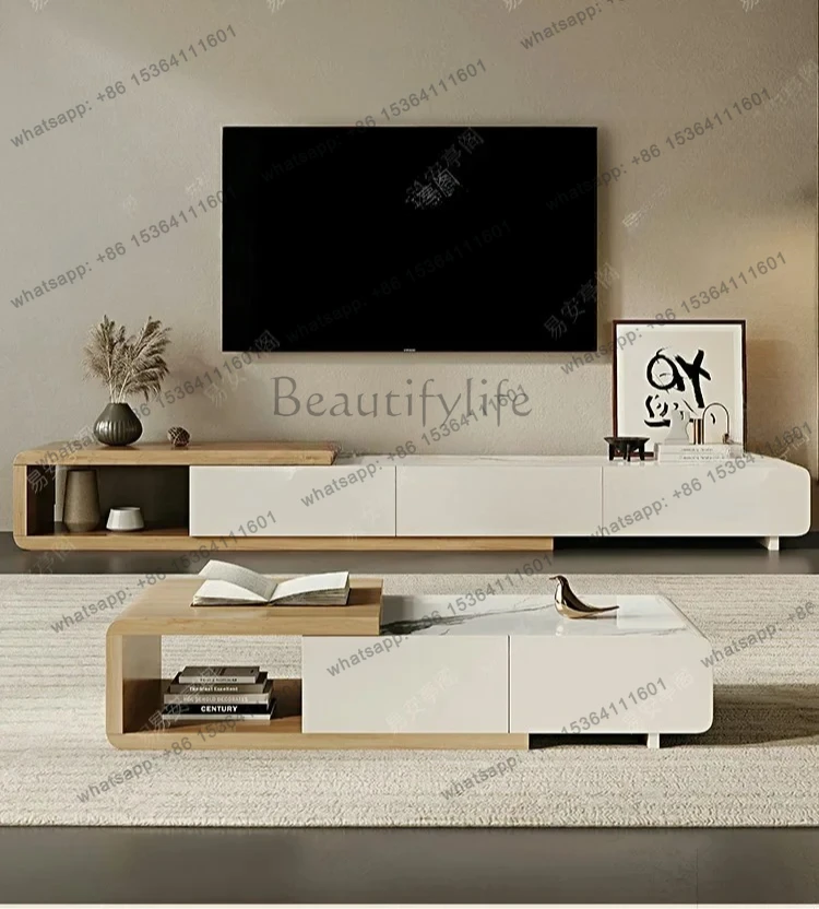 

Solid Wood Slate Coffee Table Modern Simple Cream Wind Log Color Retractable Coffee Table TV Cabinet