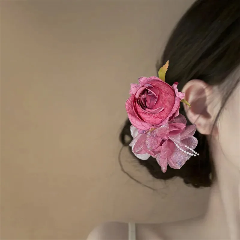 1pc Spring Summer Fashion Versatile Simulated Pink Rose Flower Shape Hair Clip Dating Parties Daily Wear Decoration Clip Fairy G