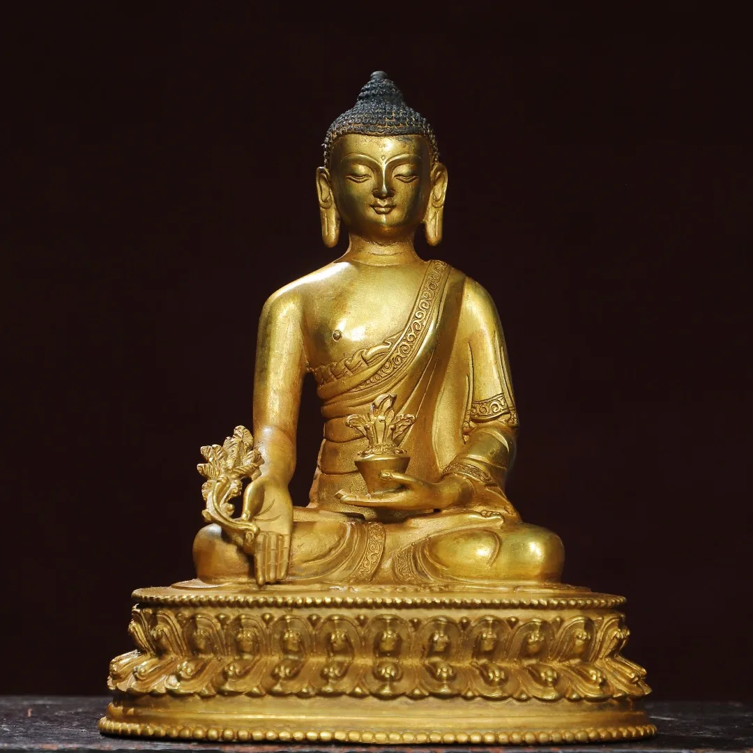 Home Worship of Religious Buddha Statue Copper Gilded [Medicine Buddha] Buddha Statue Creation Size: Height 20cm, Width 16cm,