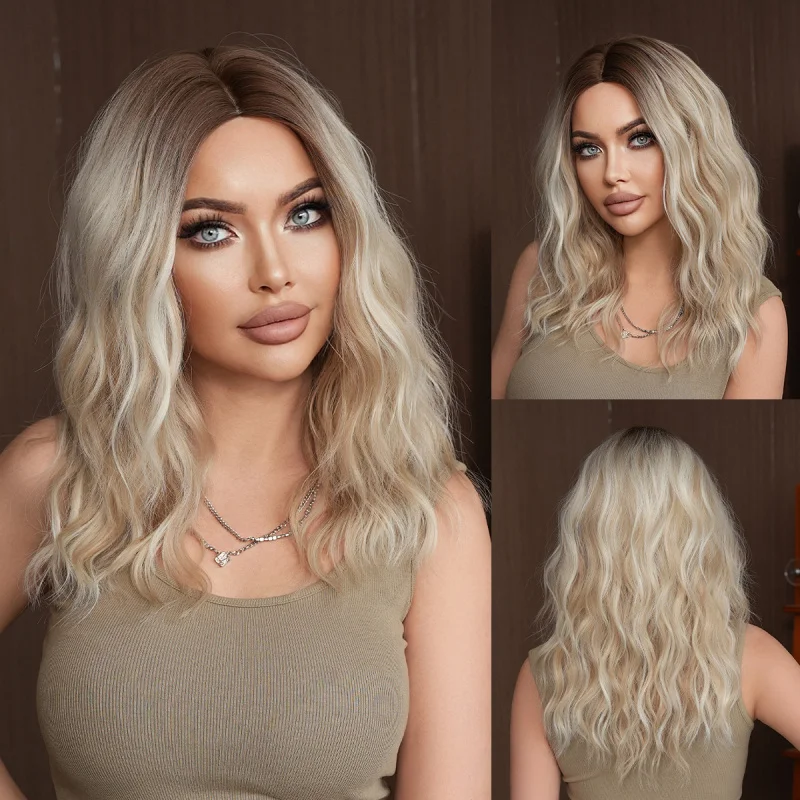Women's shoulder-length curly wig in coconut rice blonde gradient with a middle parting and water wave pattern, full head cover