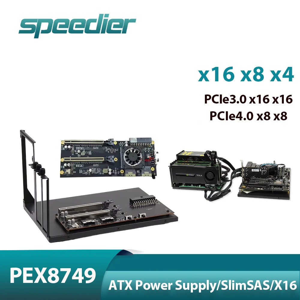 Dual-Width Dual-Slot 4.0 Pass-through Backplane GPU Holder Bracket To X8/x8 Expansion PEX 8749 PCIe 3.0 X16/x16 for ATX Power