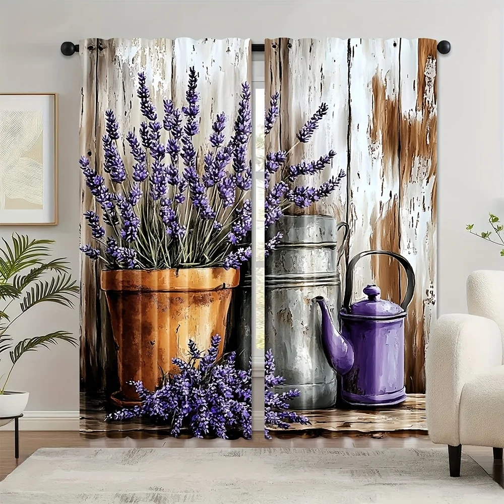 Farmhouse Lavender Metal Vase Curtain 2 Pack, Distressed Wood Board Print Drapes for Rustic Bedroom Kitchen Living Room Decor