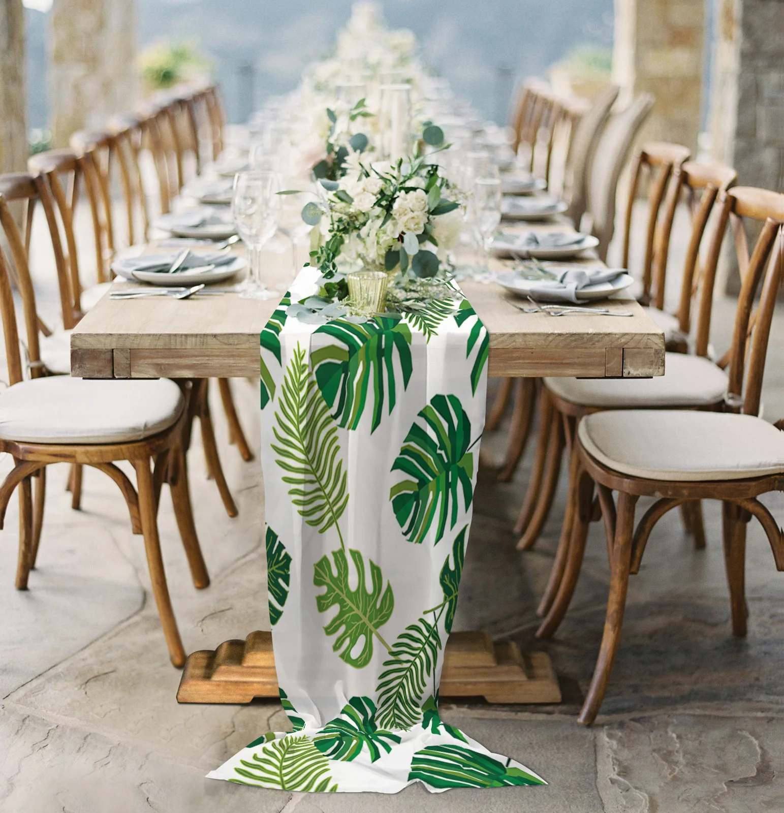 Tropical Plant Leaves Green White Sheer Chiffon Table Runner Country Wedding Party Tulle Voile Table Cloth Home Decoration