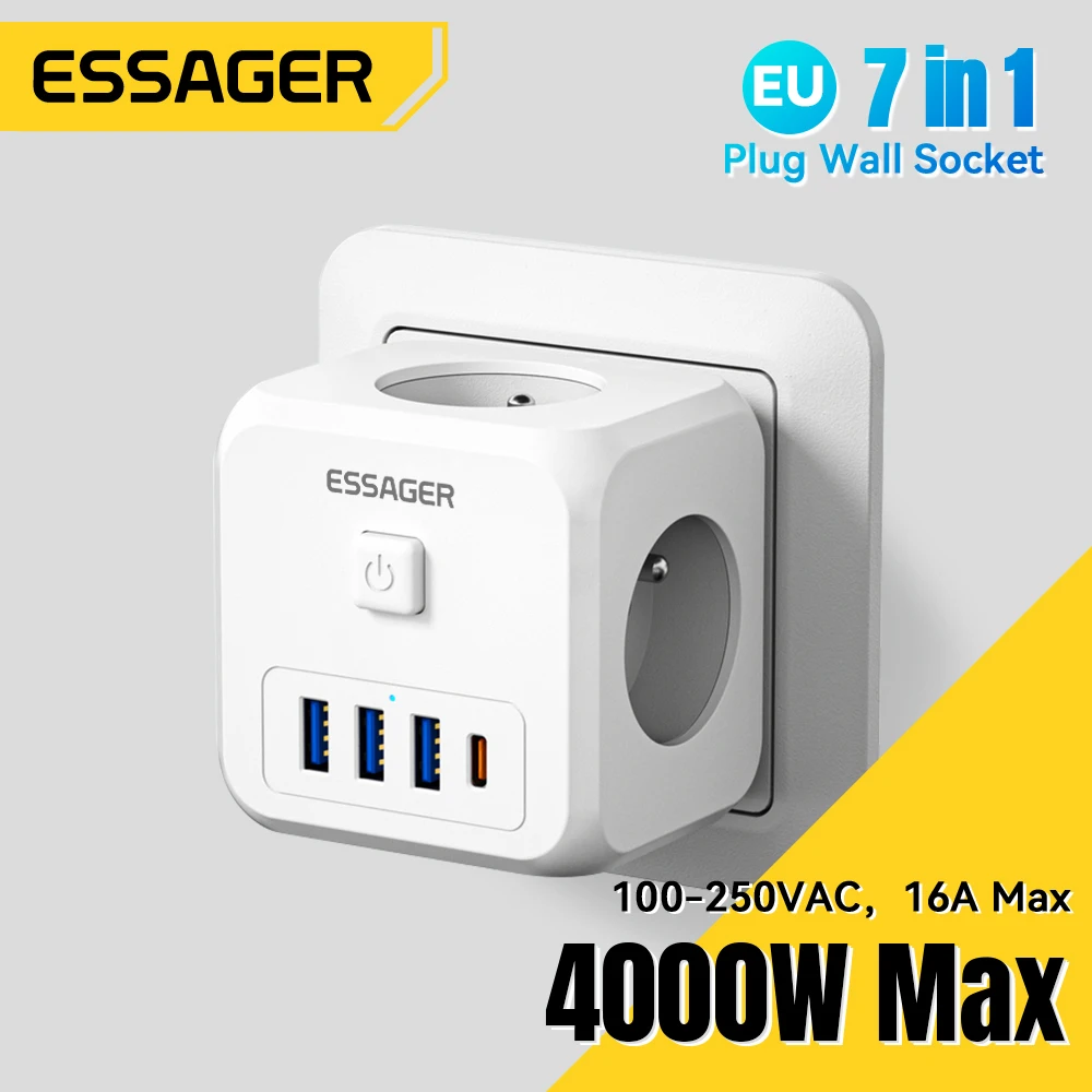 ESSAGER EU Plug Power Strip with 3 AC Outlets 3 USB Charging Ports 1 Type C 5V 2.4A Adapter 7-in-1 Plug Socket On Off Switch