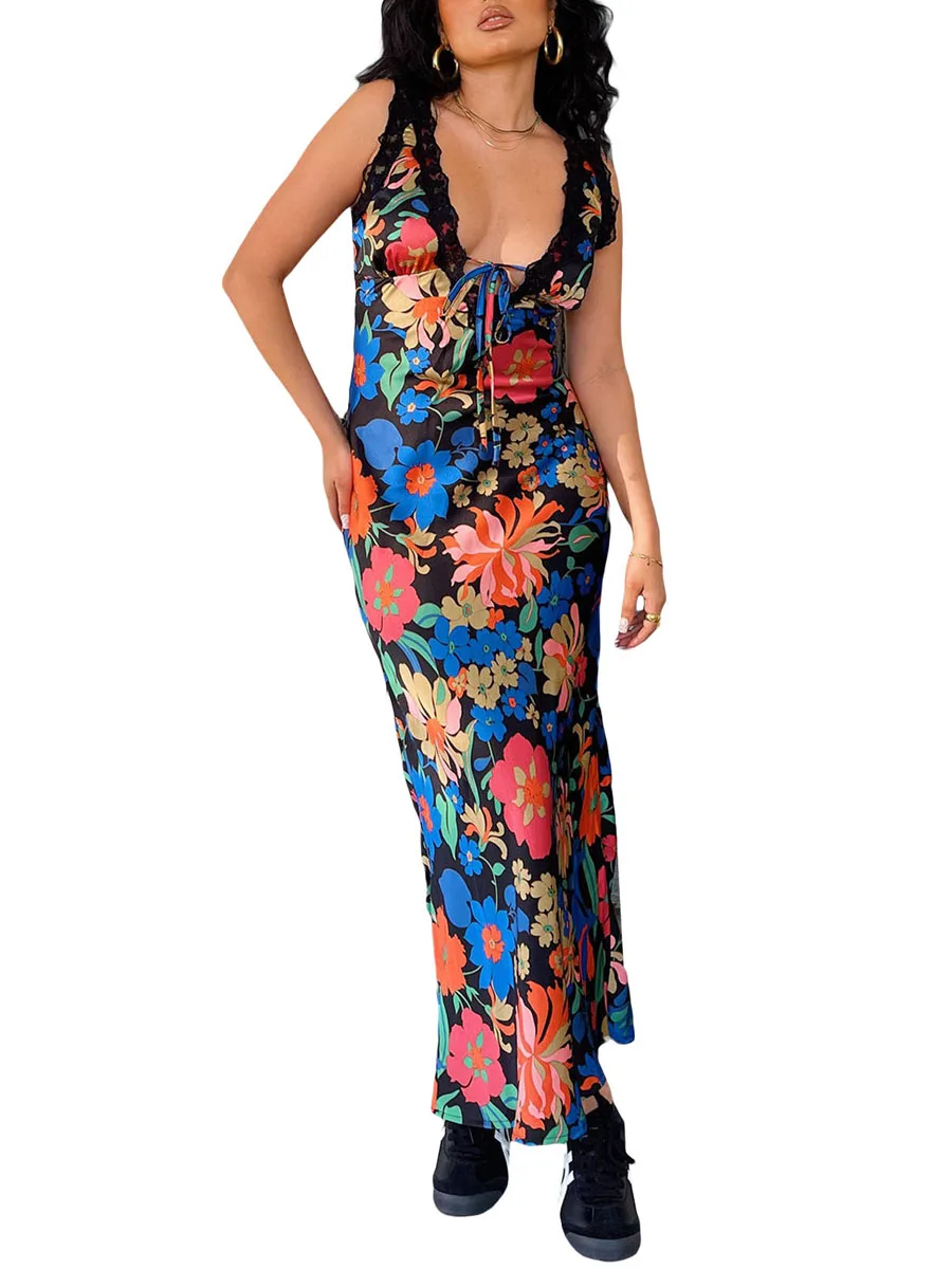 Women Slip Dress Sleeveless V-neck Tie-up Flower Print Long Dress Lace Patchwork Summer Dress for Cocktail Party