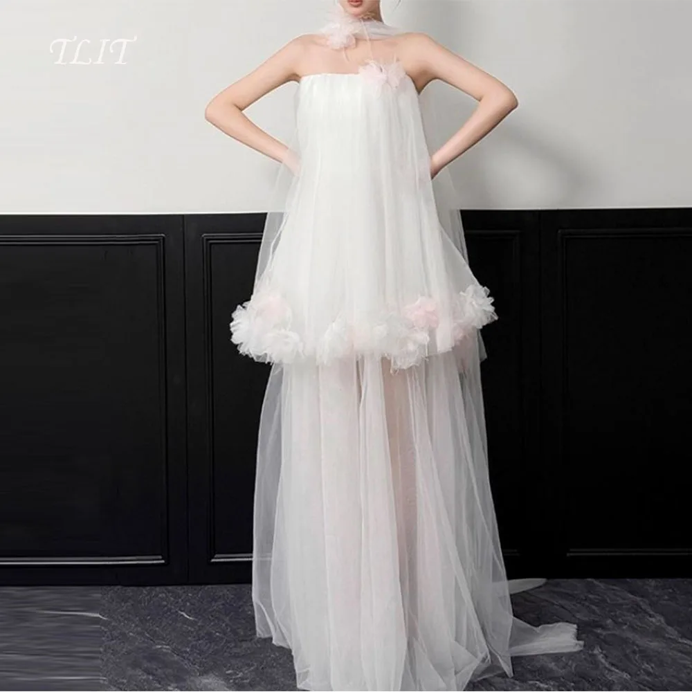 

TLIT Elegant Candy Color Tulle Evening Dresses Customized Korea Wedding Dresses Photo Shoot Strapless Appliques Flowers Gown