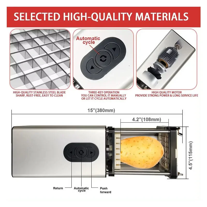 Electric Automatic Potato French Fry Cutter Stainless Steel Vegetable Strip Dicer Replaceable Blade Vegetable Cutting Machine