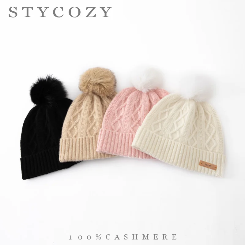 100% Cashmere Women PomPoms Ribbed Cuff Cable Knit Beanie Winter Outdoor Ear Protection Hat Lightweight Daily Commute Skull Cap