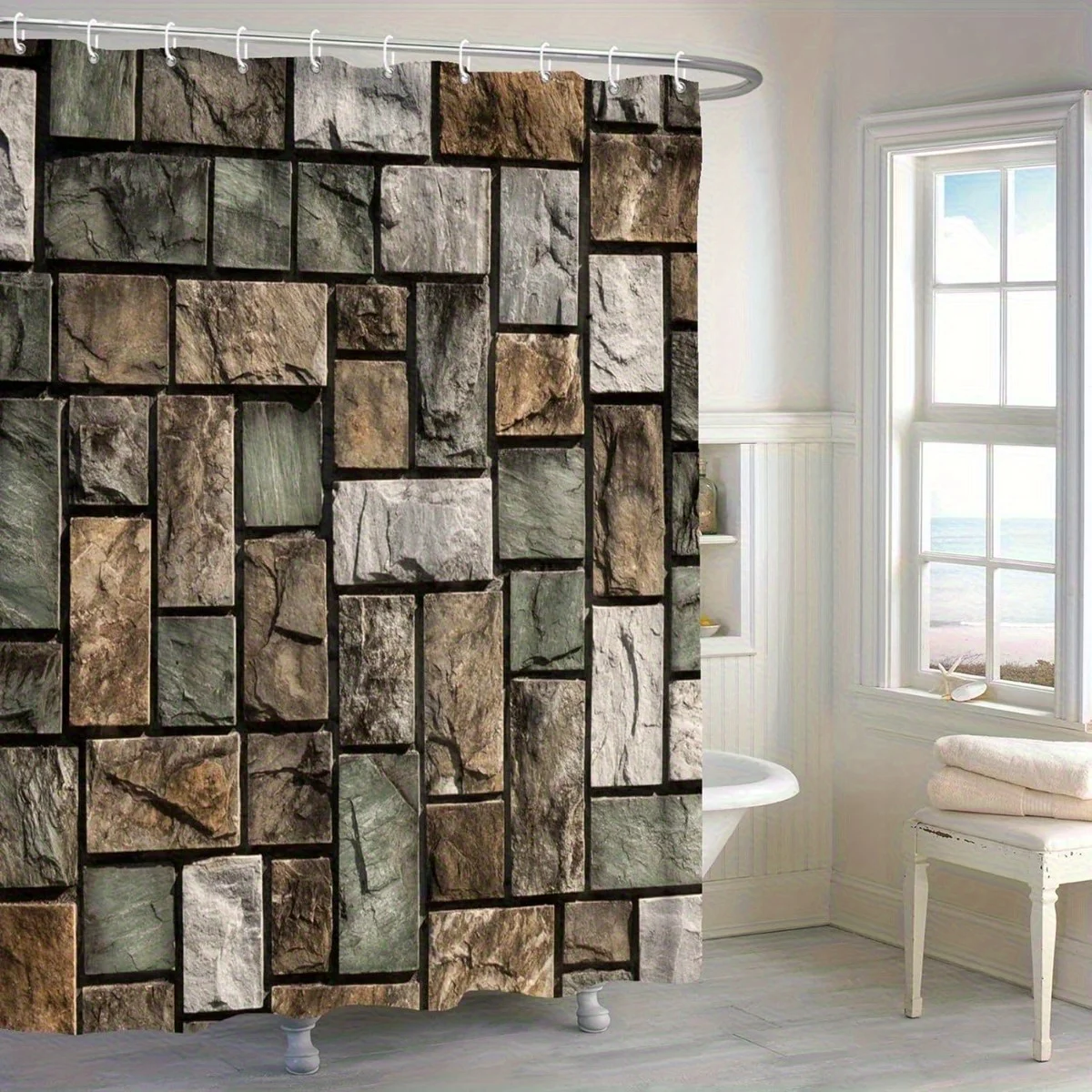 6.0x6.0ft Retro Stone Brick Wall Shower Curtain- Rustic Marble Geometric Rock Farmhouse Design, Polyester Fabric with Hooks, Mac