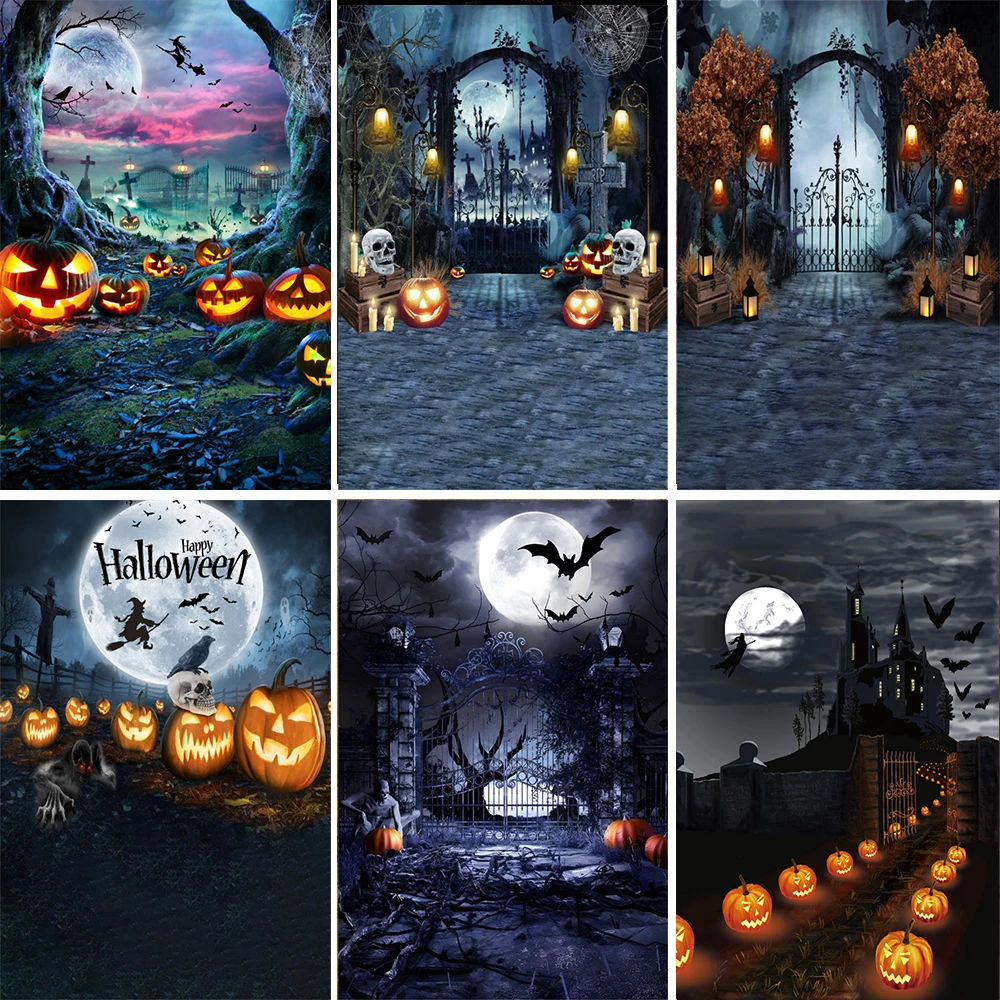 

Laeacco Halloween Background Horror Moon Night Scary Pumpkin Cemetery Scarecrow Kids Family Party Portrait Photography Backdrop