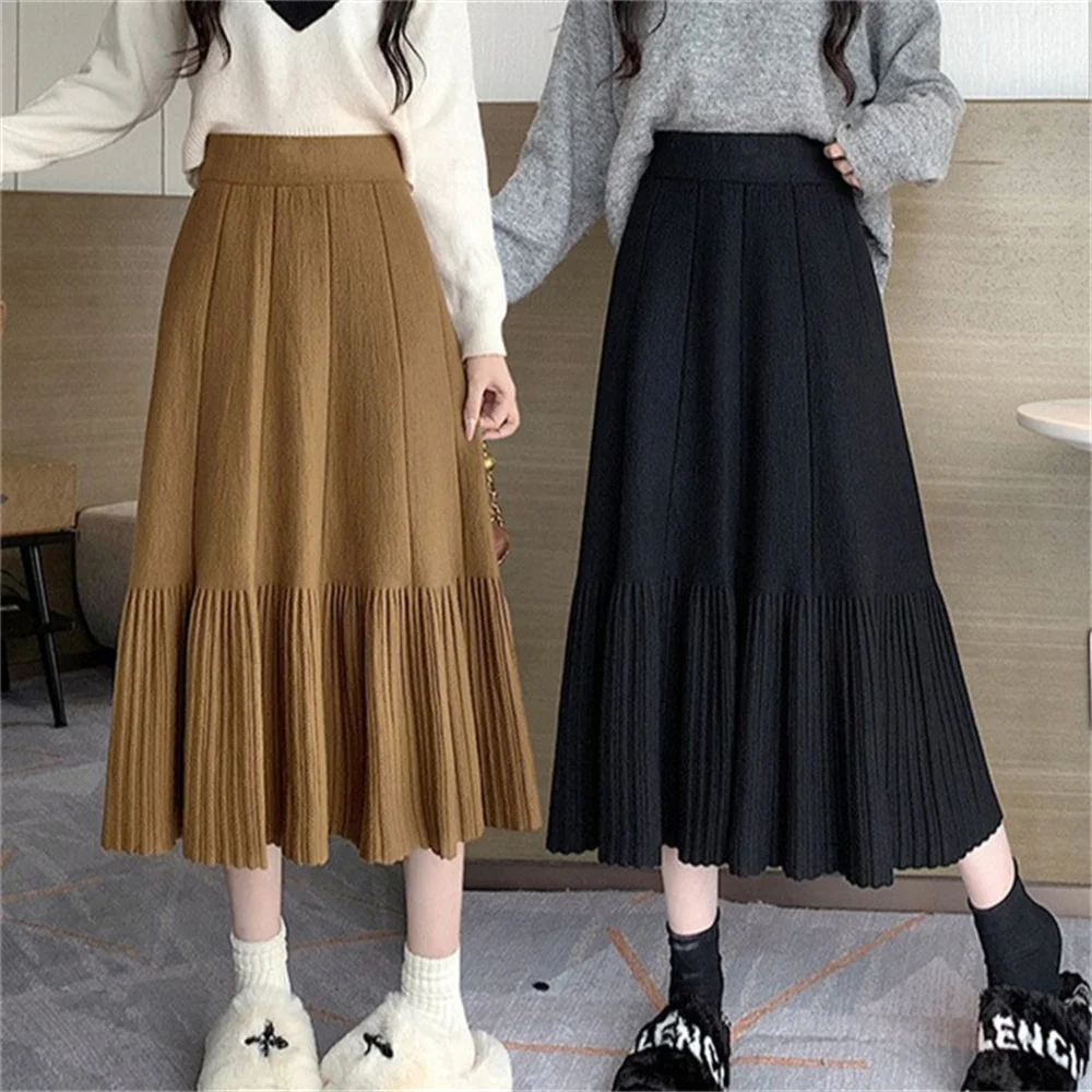 

Women's Skirts High Waisted Pleated Knitted Skirt Warm Long Skirts casual Slimming Swing Skirt A-line Skirt Office Lady Skirts