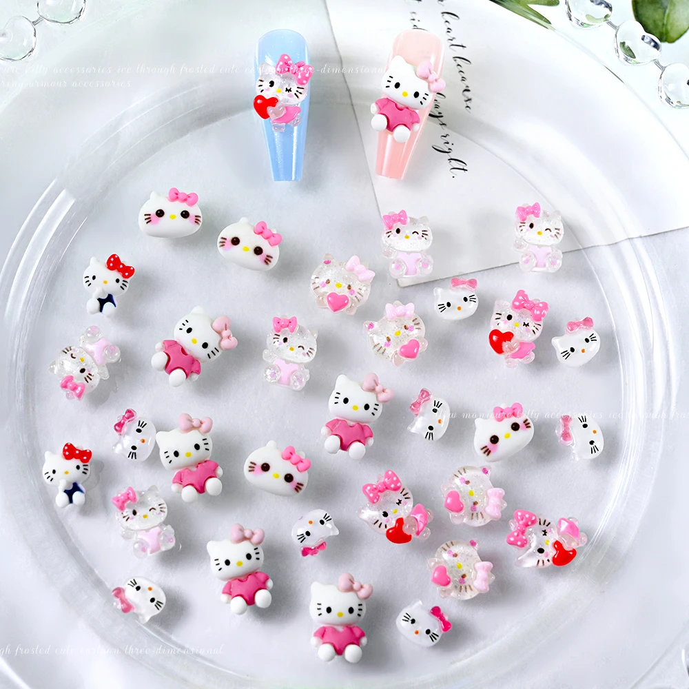 10 шт., мини-красные, розовые подвески для ногтей «Hello Kitty», милый котенок, кот, бант, сердце, смола, дизайн ногтей, стразы, сделай сам, поделки, украшение для маникюра