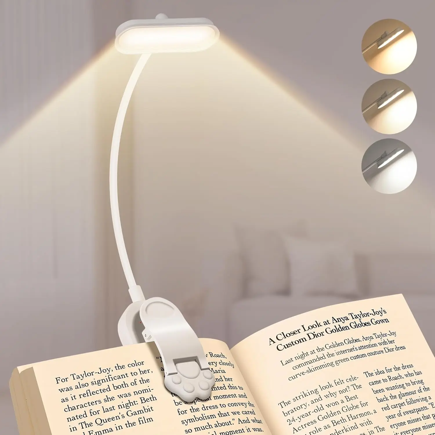 LED Book Light USB Rechargeable Reading Light 3-Level Warm Cool White Daylight Portable Flexible Easy Clip Night Reading Lamp