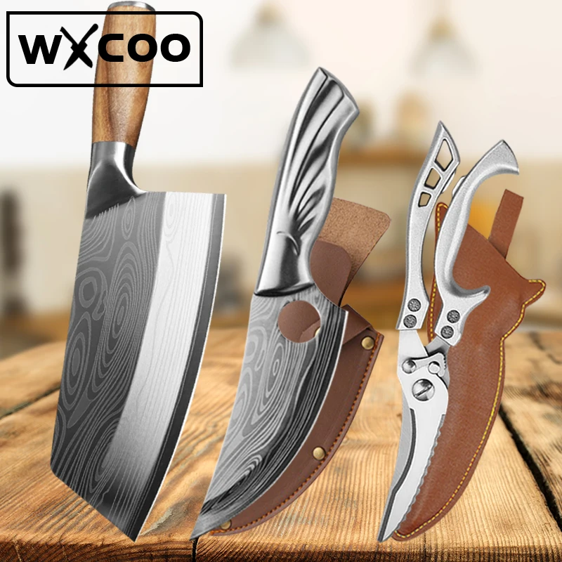 WXCOO Kitchen Scissors Chef Knife Set Stainless Steel Meat Vegetable Slice Knife Professional Butcher Cleaver Boning Fish Knives