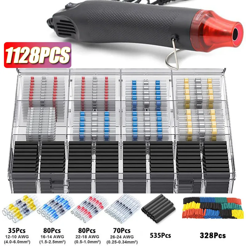 1128PCS Waterproof Heat Shrink Butt Crimp Terminals Solder Seal Electrical Wire Cable Splice Terminal Kit with Heater