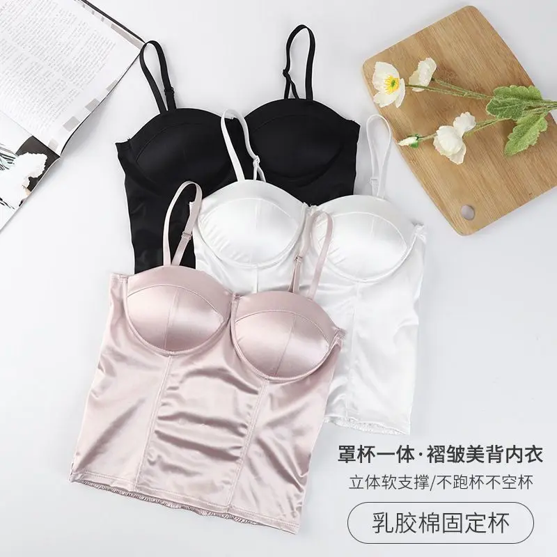 One piece suspender, chest cushion, pleated vest, anti stray light, bra, slim fitting, bottomless, sleeveless Tanks Camis