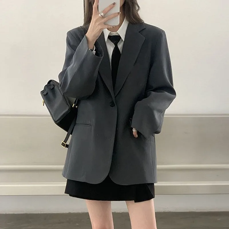 

Women's Spring/Autumn Korean Style Casual Gray Suit Jacket, Versatile & Slimming, Street Style, INS Fashionable Student Top
