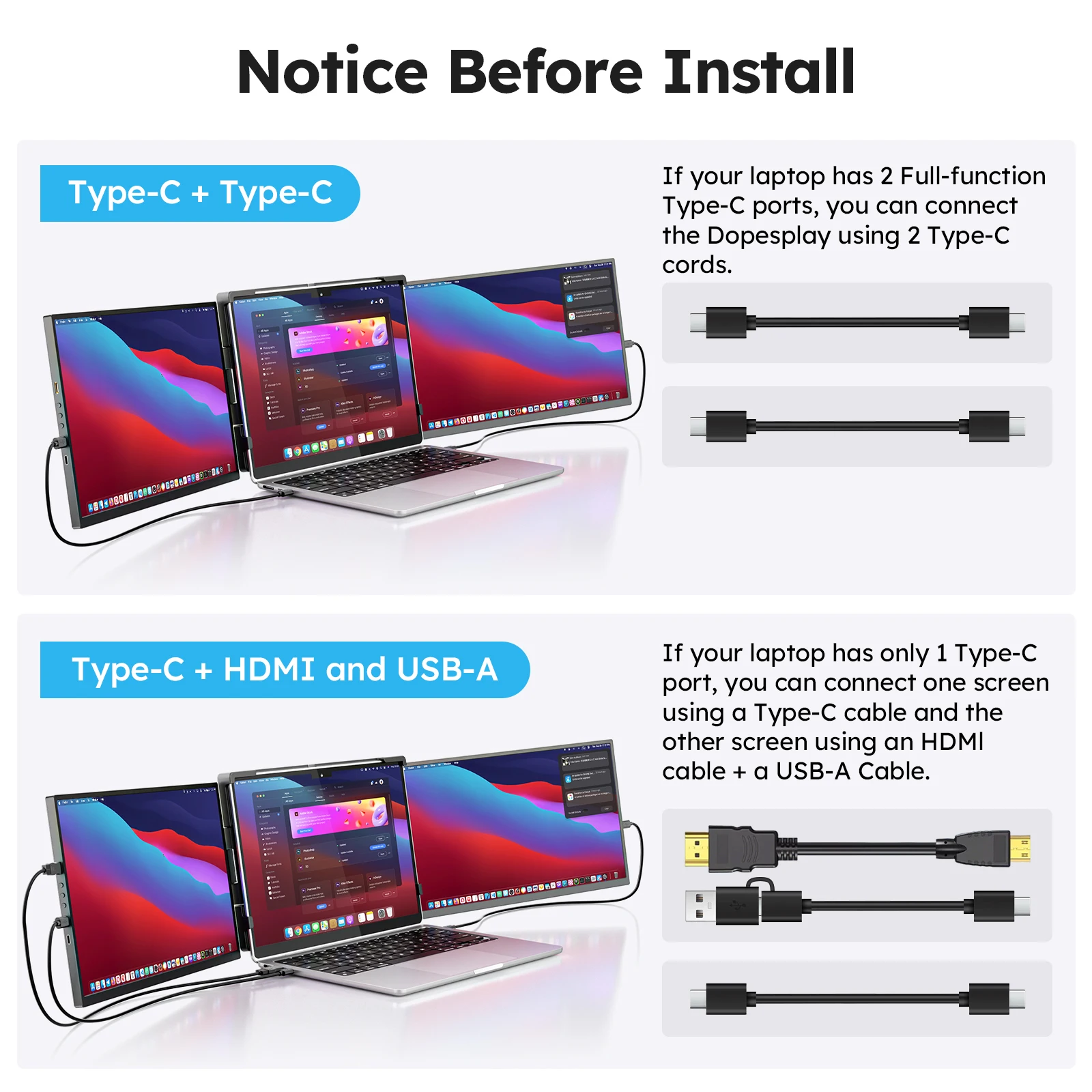 Dopesplay 15.6 tripe extensor de tela para laptop 1080 fhd ips extensão de exibição externa monitor duplo para mac chrome mini pc xbox