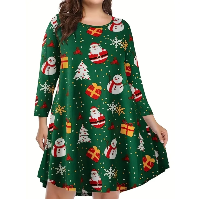

Plus Size New Summer Women Casual Christmas Printed Loose Round Neck Dress Women Fashion 3/4 Sleeve Dress
