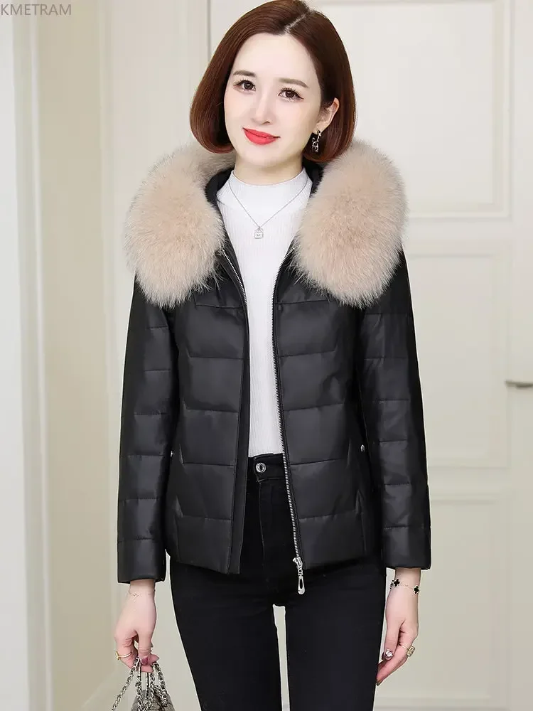 Real Leather Jacket Women Genuine Sheepskin Coat Women Autumn Winter Short Down Coats Women Hooded Down Jacket Fox Fur Collar