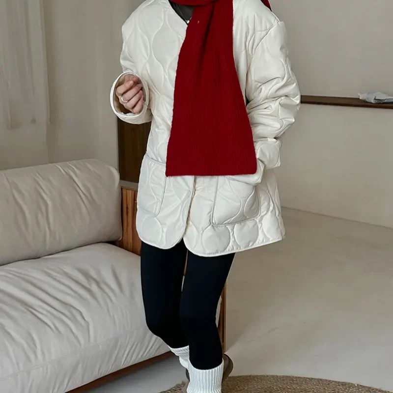 Solide V-ausschnitt Parkas Frauen Winter Süße Mädchen Casual Alle-spiel Einfache Taschen Baggy Mode Koreanischen Stil Verbreitet College Gemütliche