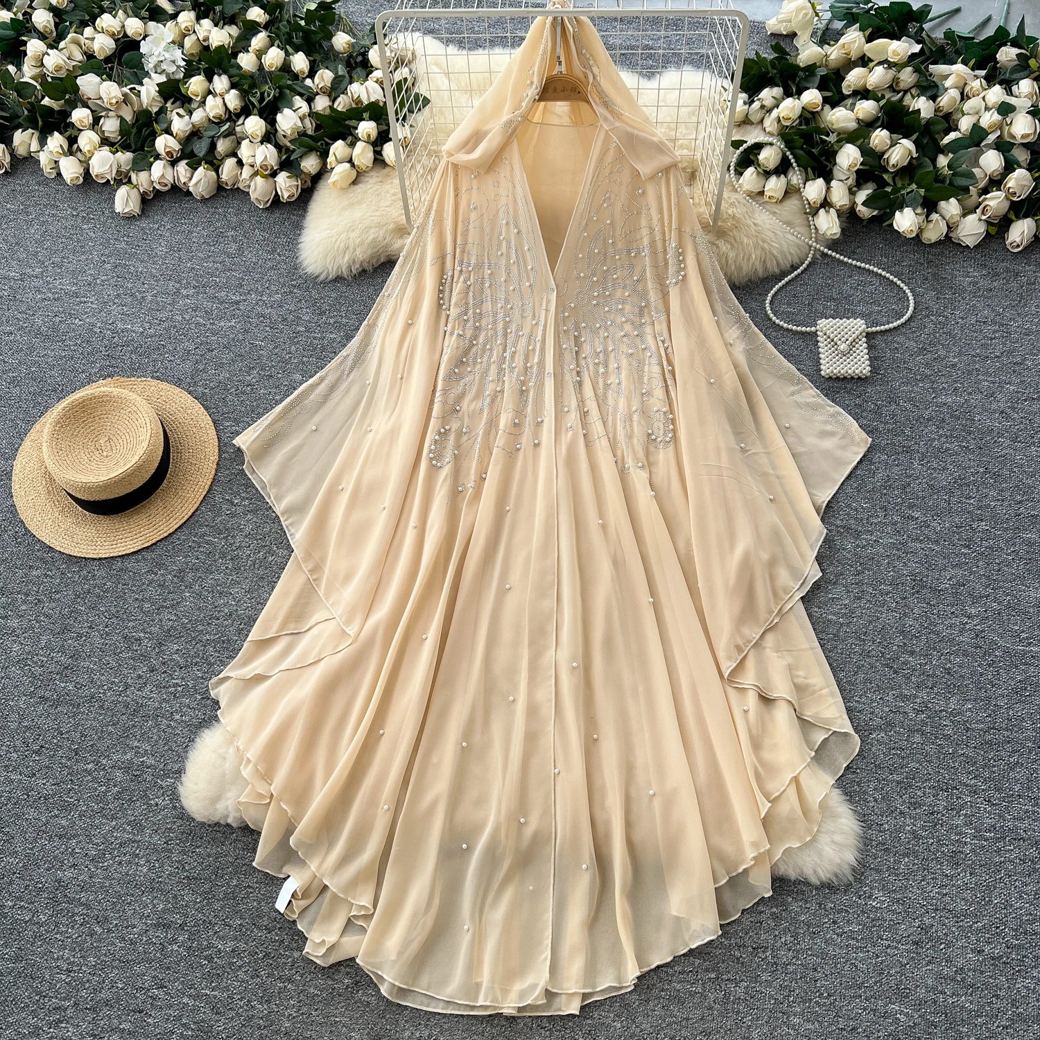 

Women Beading Hooded Beach Holiday Bikini Covers Lady Open Stitch Asymmetric Thin Cloak Mesh Coat Sunproof Gothic Long Cardigan