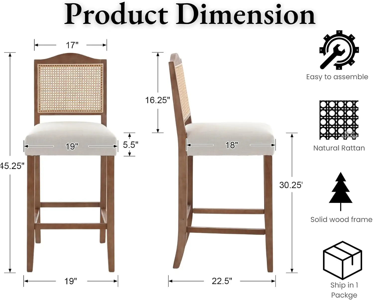 Set di 2 sgabelli da bar Farmhouse, schienale in rattan, imbottiti in lino, sedie da cucina ad altezza bancone beige 30'