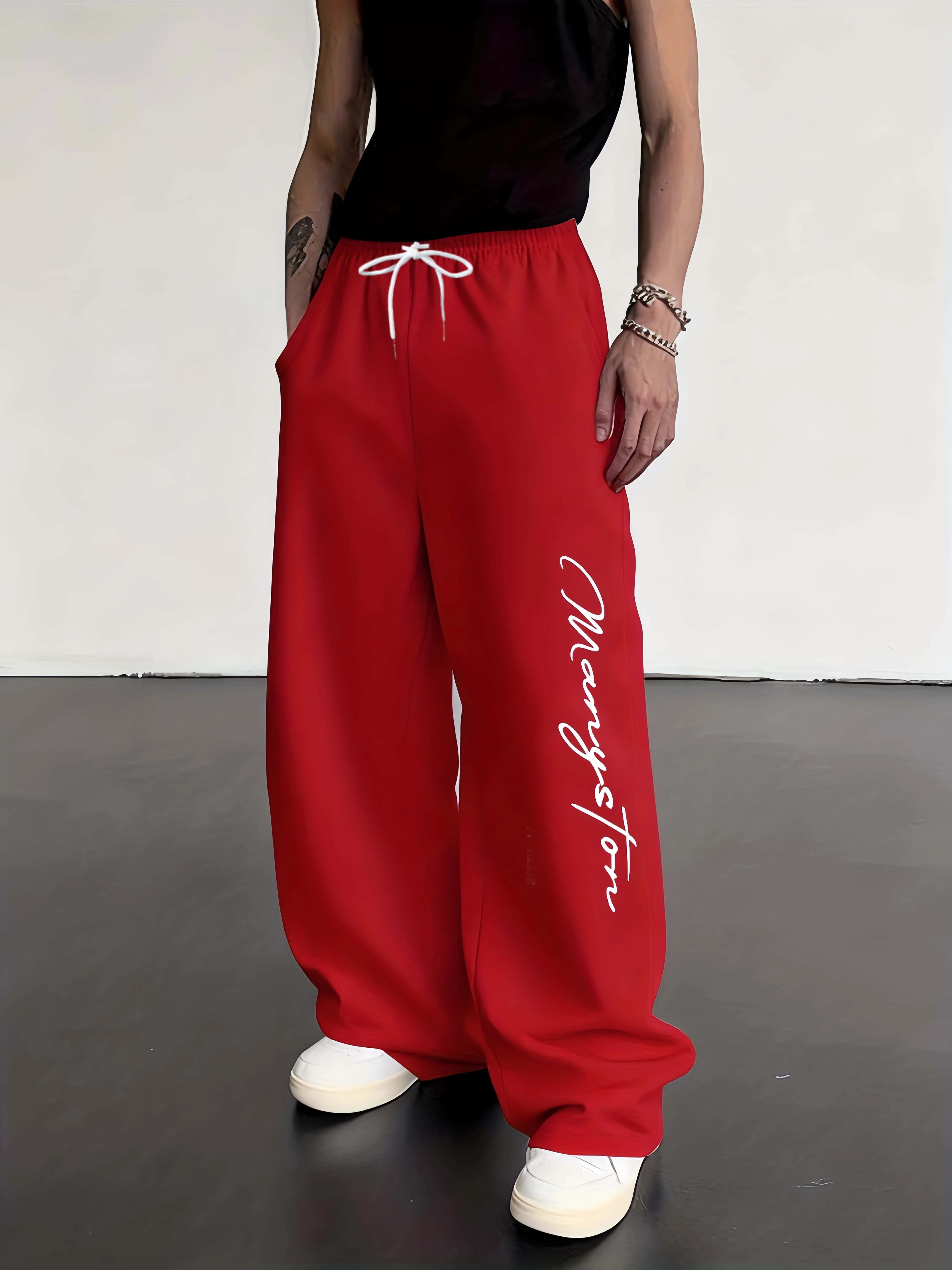 European and American Men's and Women's Wide Leg Casual Pants with Side Letter Printing  Loose and Comfortable  Versatile Pants