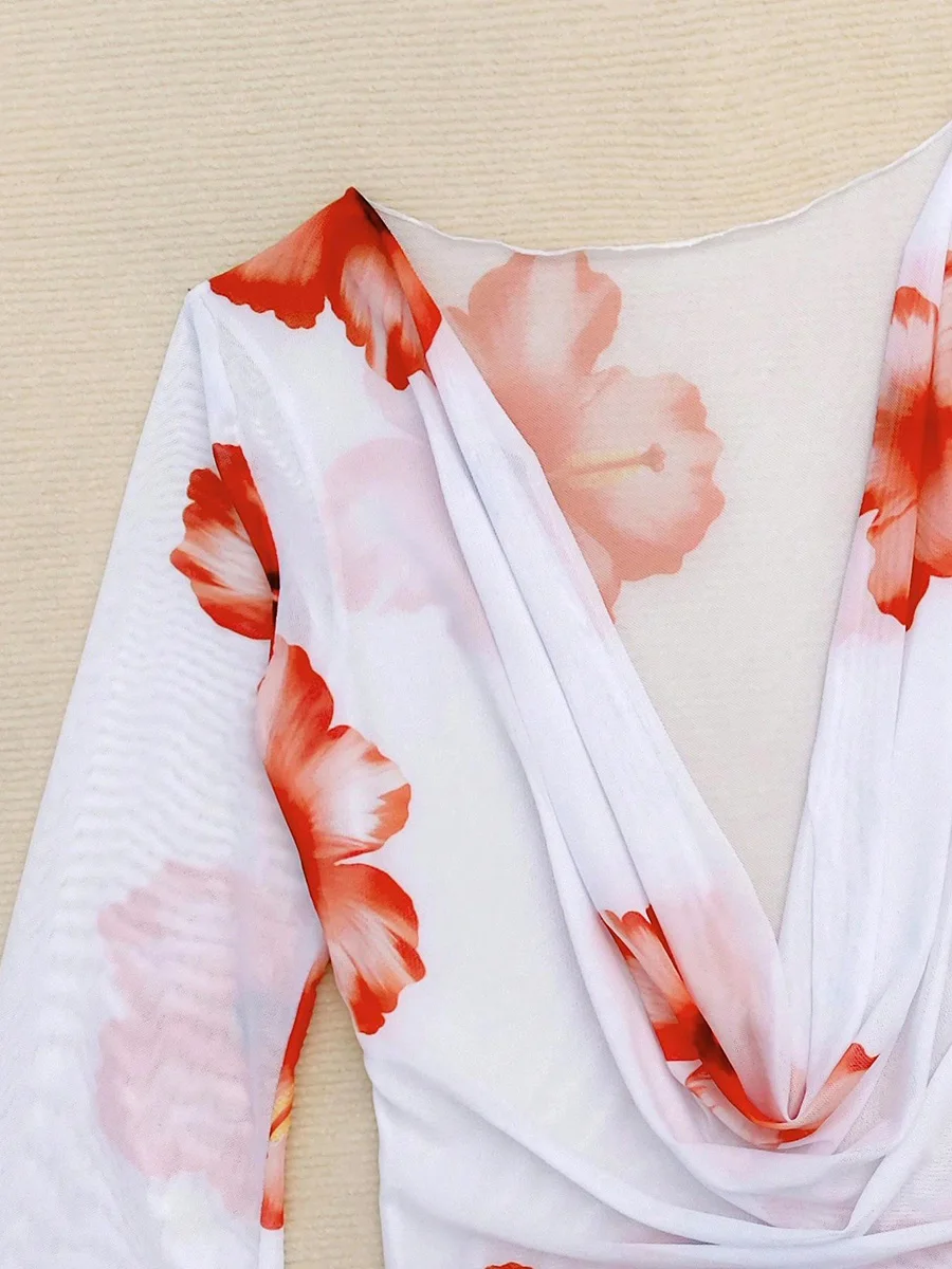 الأزهار شبكة طويلة الأكمام التستر بيكيني النساء ملابس السباحة الإناث ثلاث قطع مجموعة البكيني مضلع ثوب السباحة ملابس السباحة #6