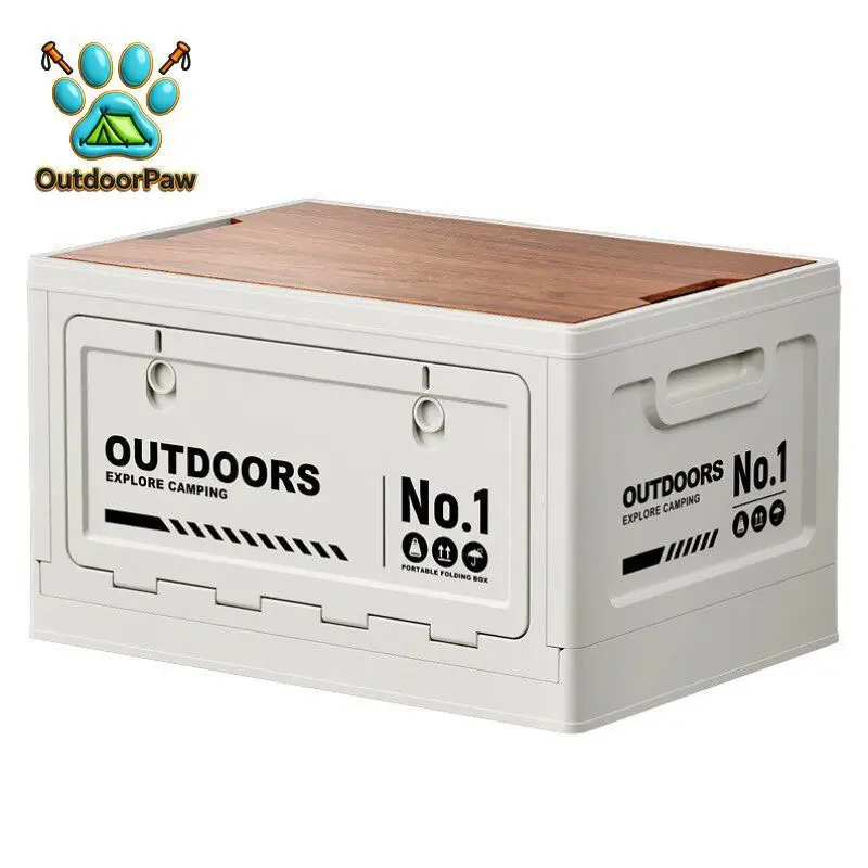 Outdoor large-capacity camping wooden cover camping tableware storage box folding multi-functional car trunk stall finishing