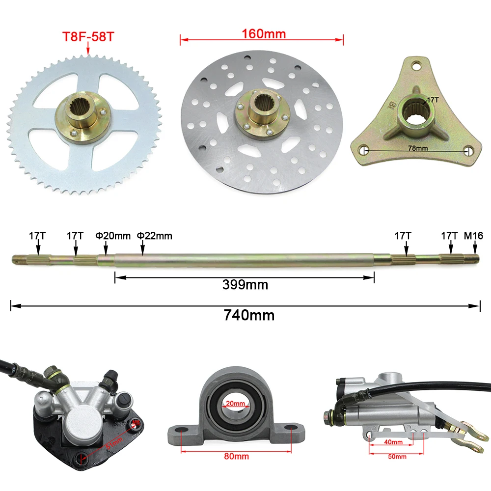 740mm Rear Live Axle Complete Kit With Brake Assembly T8F Chain Sprocket For DIY 50cc 70cc 90cc Go Kart Quad Trike Golf Carts