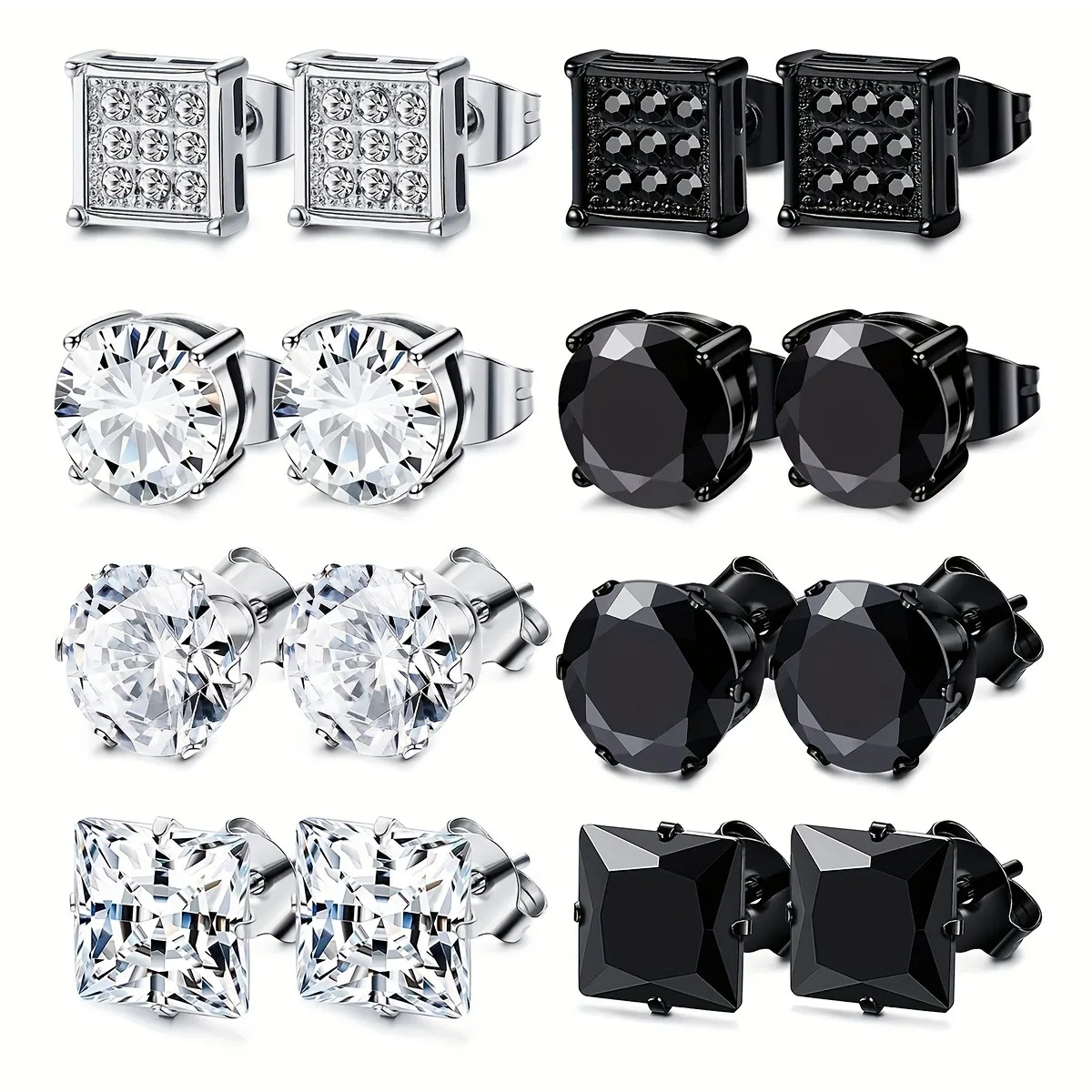 8 Pairs Stainless Steel Stud Earrings For Men, Square Cubic Zirconia Earrings