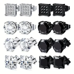 8 Pairs Stainless Steel Stud Earrings For Men, Square Cubic Zirconia Earrings