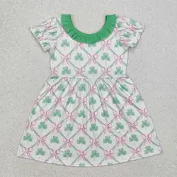 Wholesale Infant Toddler St. Patrick's Day Baby Girl Short Sleeves Bows Dress Kids Children Knee Length Green Ruffle Clothes