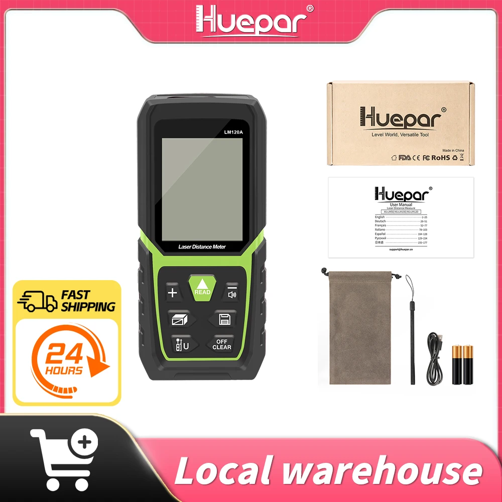 Huepar-trena Laser Tape Range Finder Rangefinder Laser Distância Meter Medir Device Régua Test Tool 50m 100m 120m