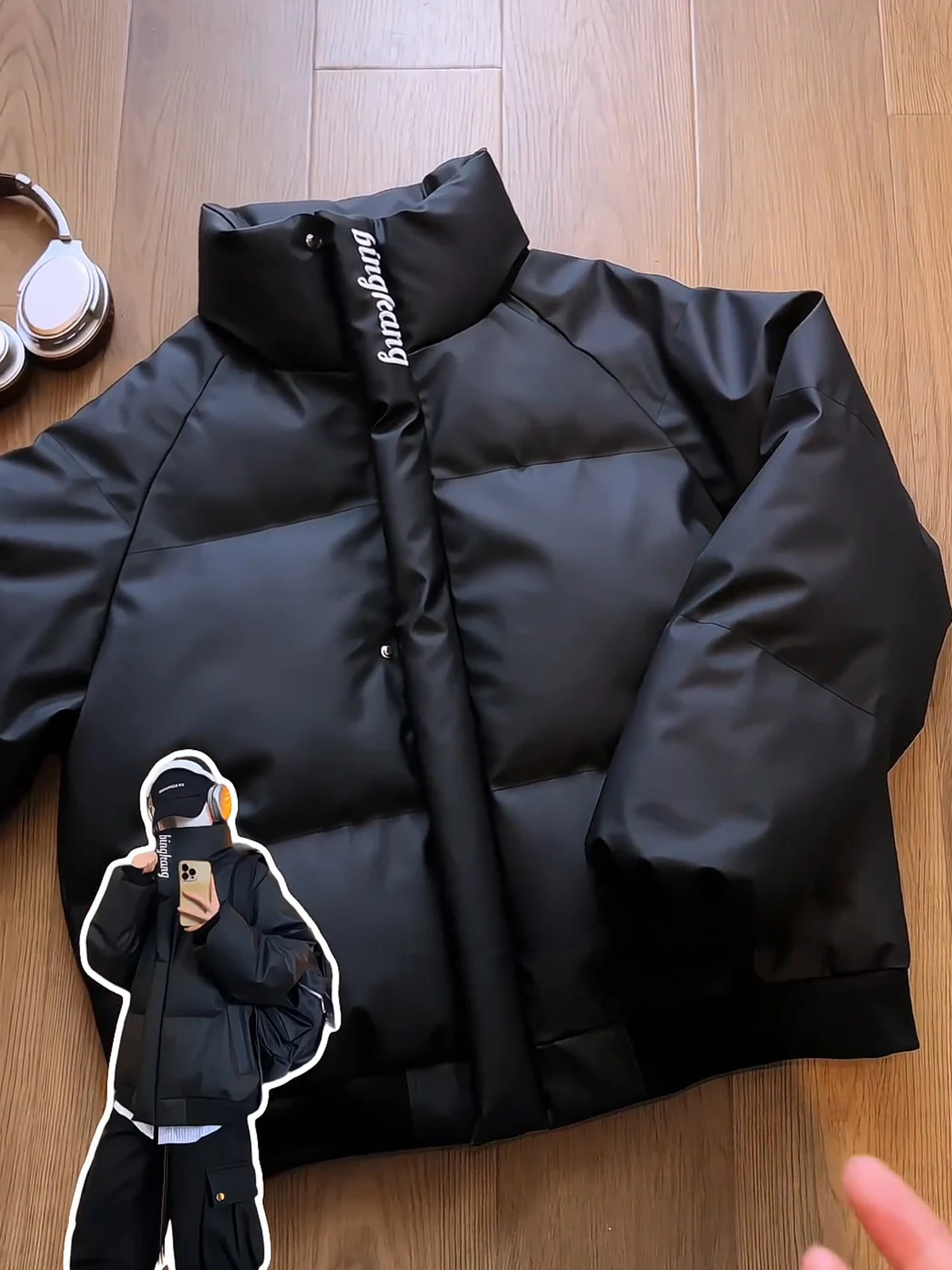 

American Sle Embroidered PU Leather down Jaet Thiened Winter Coat ort Bread Sle Faionable Versatile Couple Cotton...