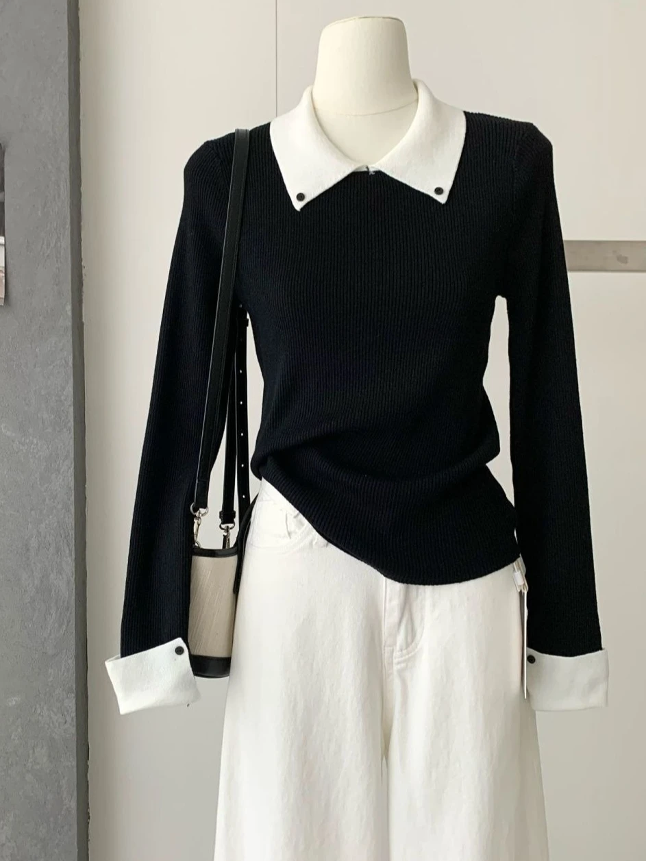 Fashion Lapel Sweater Solid Color Slim Temperament Versatile Knitwear Pullover 2026 Autumn New Grey Elegant Long-sleeved Top