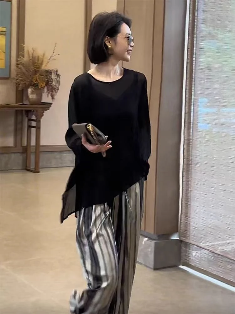 

Summer Casual Loose Slimming Black Top And Long Pants Set Sun Protection Uneven Hem Striped Long Sleeve round Neck Ensemble