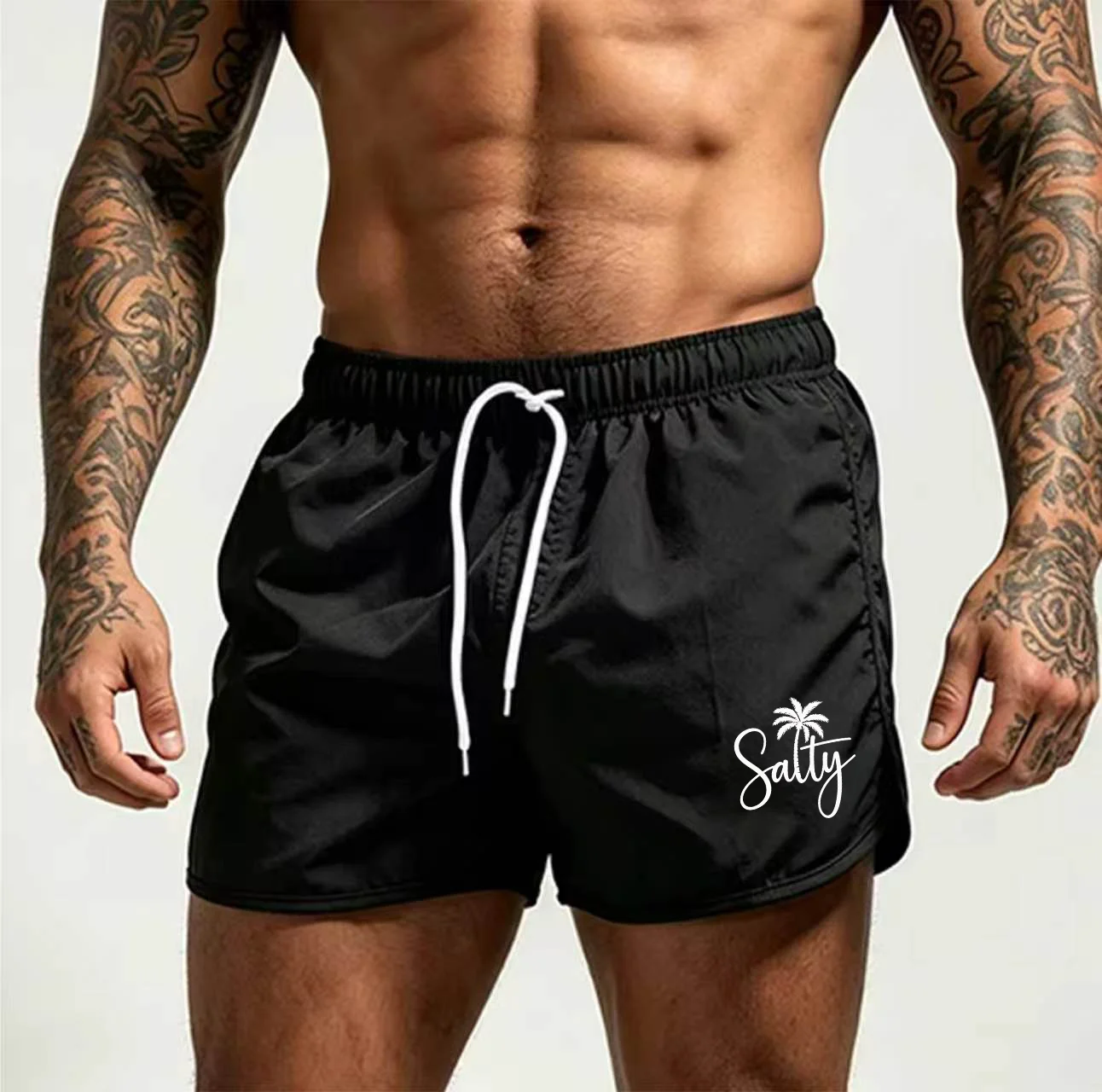

Men's Quick-Dry Palm Tree Print Swim Shorts, Drawstring Waist, Side Slits, Summer Fitness Running Swim Shorts F67