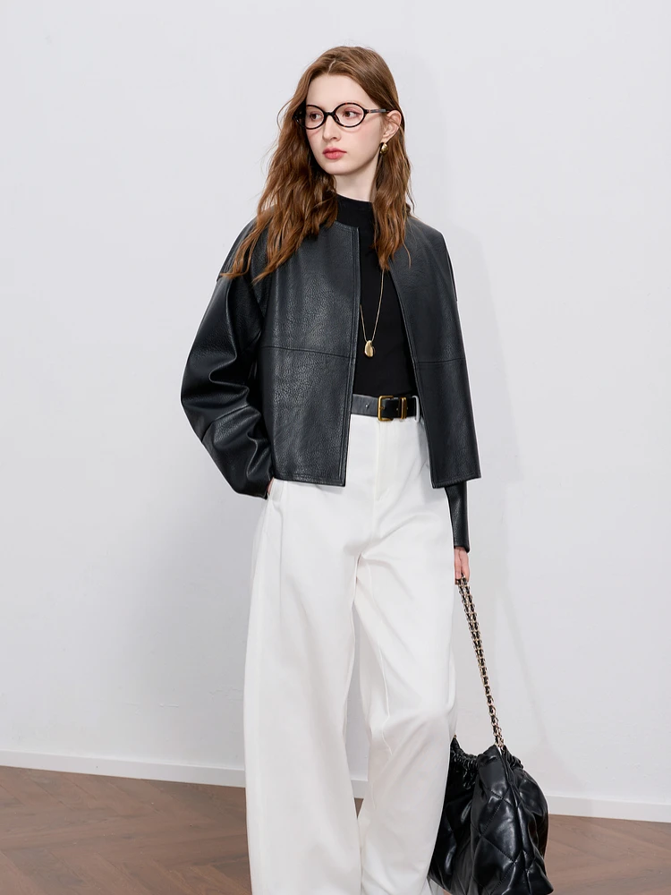 سترة جلدية سوداء من CHEERART Old Money Lichee الملمس للنساء معاطف جلدية قصيرة موضة خريف 2025 ملابس الخريف