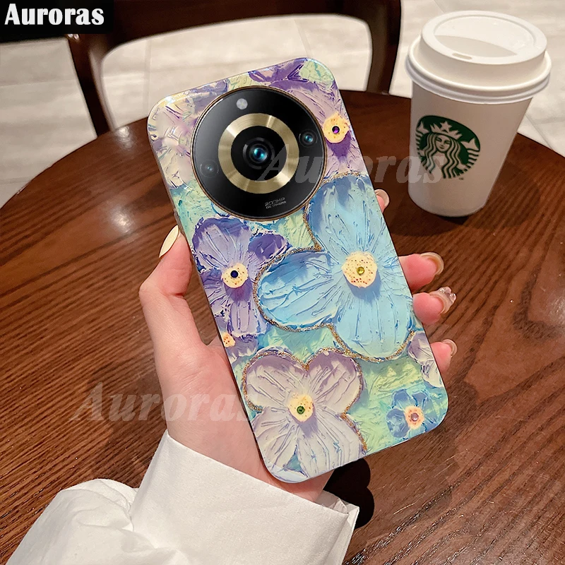 Auroras For Realme 11 Pro 5G Case Blu-ray Rhinestone Oil Painting Flower Shell For Realme 11 Pro Plus Camera Protect Cover