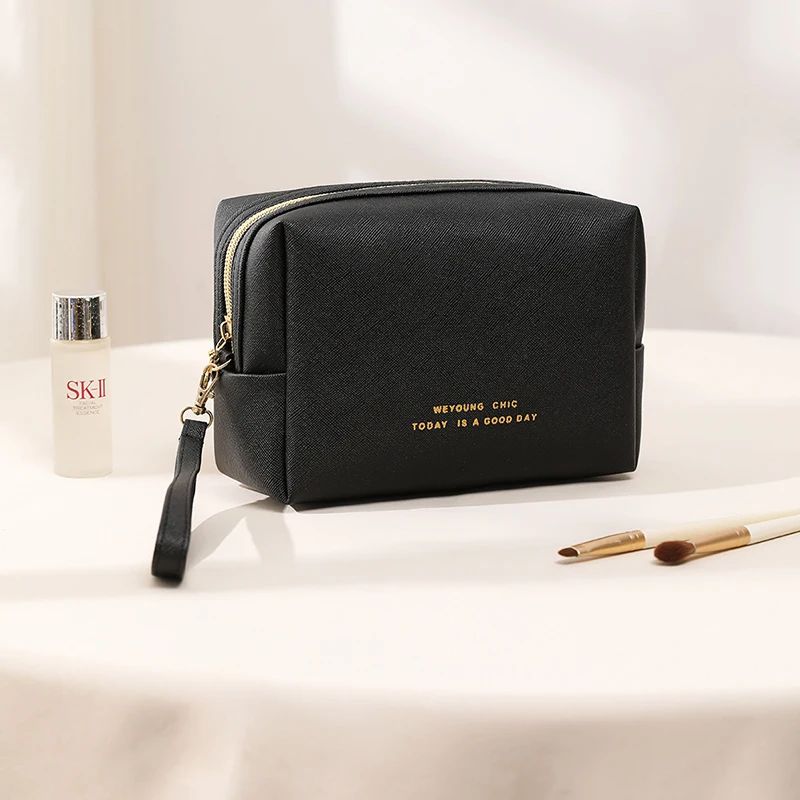 Bolso de mano de moda para cosméticos, bolsa de viaje para maquillaje para mujer, estuche portátil de cuero PU para cosméticos, bolsas de almacenamiento de maquillaje con asa