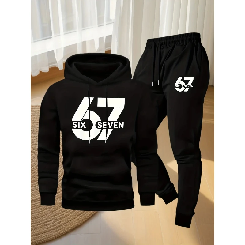 ชุดกีฬาลำลองสำหรับผู้ชาย ฤดูใบไม้ร่วง/ฤดูหนาว ลายพิมพ์ '67' สุดเทรนดี้ ผ้าถัก ทรงหลวม ลายเรขาคณิต