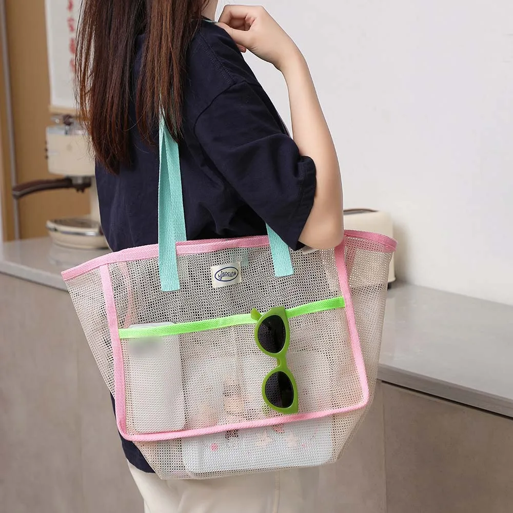 

Tote Bag Shoulder Bag Beach Mesh Bag Lightweight Multipocket Large Storage Bag Oversize Pink Swimming Handbag Summer Beach